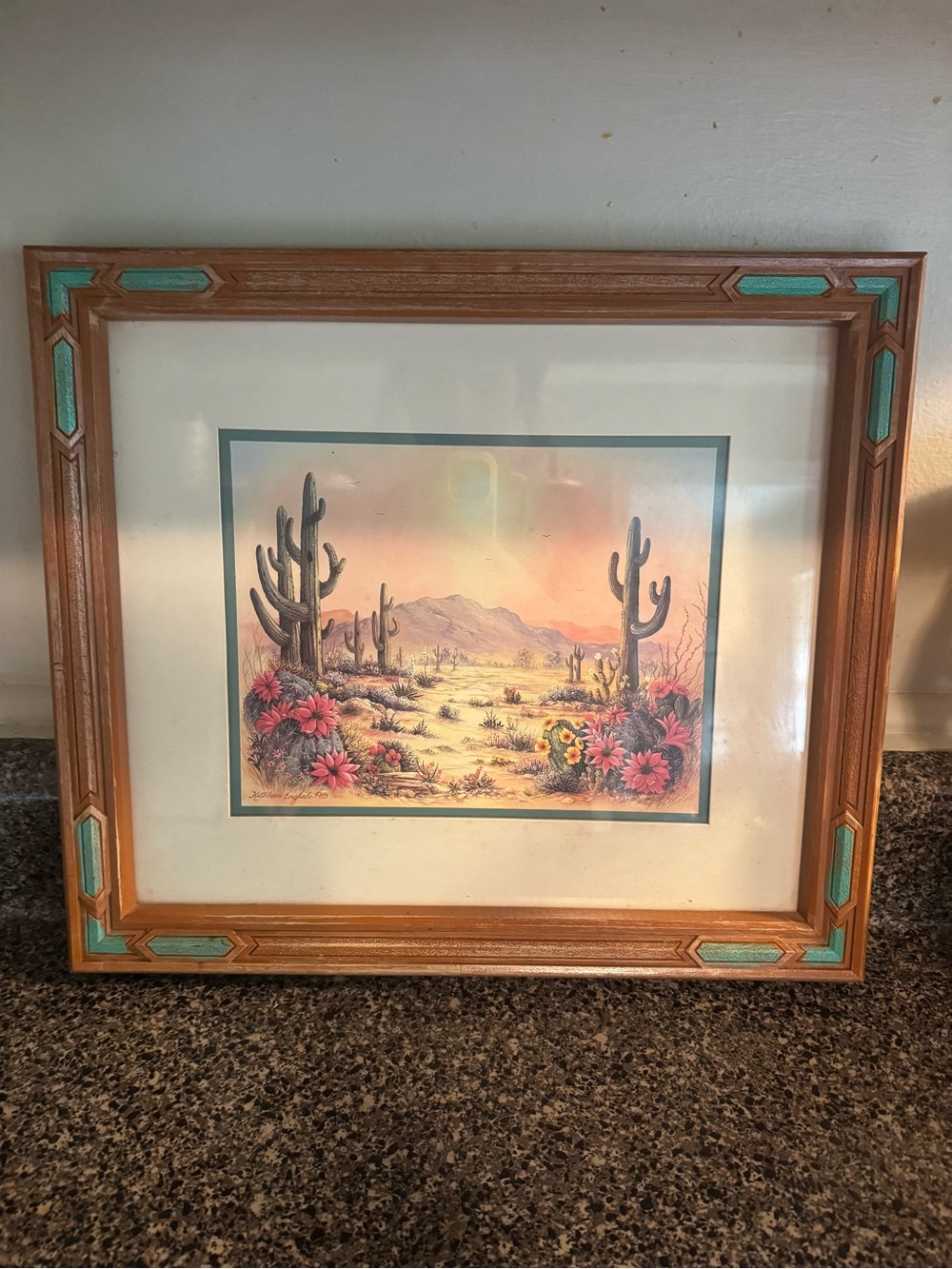 VTG Boho Framed Desert Cactus Landscape Print By Kathleen English Pitts